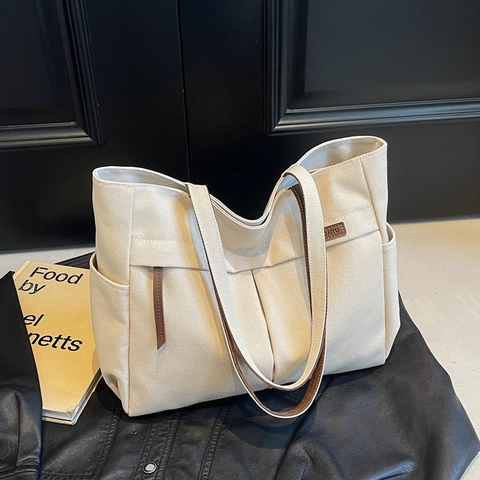 Sac Fourre-tout en Toile Grande Capacité pour Femmes Sac à Main en Tissu Durable Avec Multi Poches Pour Travail École Quotidien