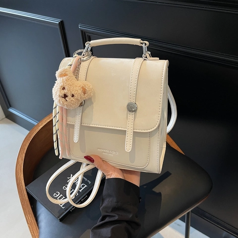 Modern Simple Women PU Leather Multi-purpose Backpack Stylish Solid Color Shoulder Crossbody Bag With Plush Bear Pendant