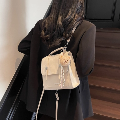Modern Simple Women PU Leather Multi-purpose Backpack Stylish Solid Color Shoulder Crossbody Bag With Plush Bear Pendant