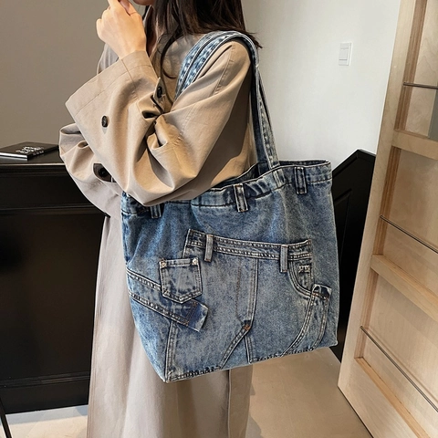 Vintage Denim Tote Bag Μεγάλη Χωρητικότητα Πλυμένη Τσάντα Ώμου Jeans Για Γυναίκες Άνδρες Streetwear Patchwork Τσάντα Αγορών