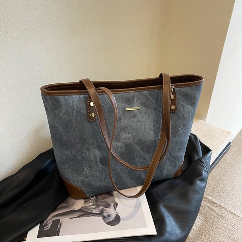 Retro Große Kapazität Einkaufstasche Für Damen PU Leder Kontrastnähte Pendler Umhängetasche Schicke Spleißen Handtasche Büro Alltag