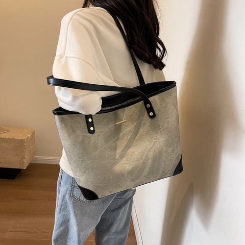 Retro Große Kapazität Einkaufstasche Für Damen PU Leder Kontrastnähte Pendler Umhängetasche Schicke Spleißen Handtasche Büro Alltag