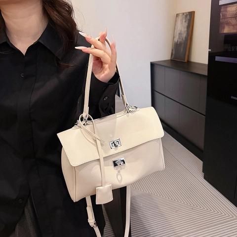 Urban Minimalistische PU Leder Tote Bag Für Damen Große Kapazität Schulter Umhängetasche Mit Metall Drehverschluss Pendeln Handtasche