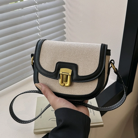 Borsa a Sella Vintage in Tela a Contrasto in Pelle PU Per Donna Retro Mini Borsa a Tracolla Con Fibbia in Metallo Urban Minimalist