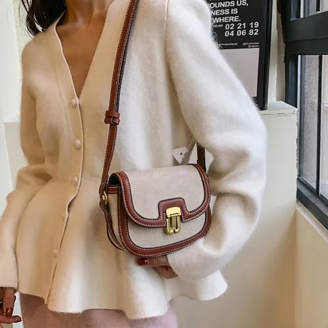 Borsa a Sella Vintage in Tela a Contrasto in Pelle PU Per Donna Retro Mini Borsa a Tracolla Con Fibbia in Metallo Urban Minimalist
