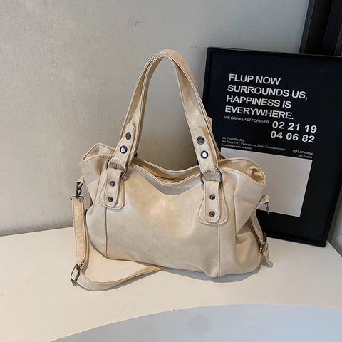 Bolso Tote de Cuero PU Vintage de Gran Capacidad para Mujer Bolso de Hombro Retro de Color Sólido Bolso de Mano Versátil para Viajes Con Remaches
