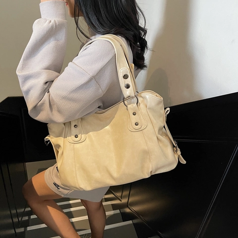 Bolso Tote de Cuero PU Vintage de Gran Capacidad para Mujer Bolso de Hombro Retro de Color Sólido Bolso de Mano Versátil para Viajes Con Remaches