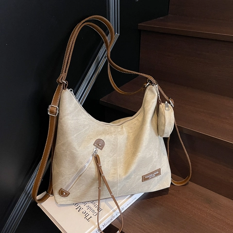Retro PU Leder Tote Bag Mit Großer Kapazität Für Damen Vintage Washed Lässige Umhängetasche Mit Mini Rundem Beutel Designer Tasche
