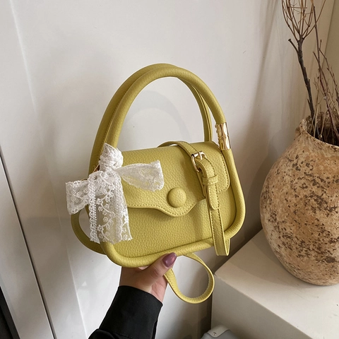 Women Elegant PU Leather Handbag Sweet Lace Bow Small Square Crossbody Bag Lychee Pattern Fashion Shoulder Bag For Daily Use