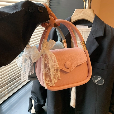 Women Elegant PU Leather Handbag Sweet Lace Bow Small Square Crossbody Bag Lychee Pattern Fashion Shoulder Bag For Daily Use