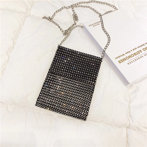 Luxury Rhinestone Crossbody Phone Bag For Women Trendy PU Leather Small Square Bag With Metal Chain Strap Evening Party