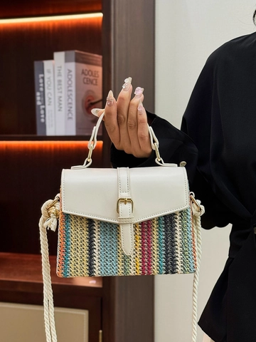 Damen Gewebt Kontrastfarbe PU Leder Umhängetasche Kleine Quadratische Handtasche Bohemian Sommer Strand Schultertasche