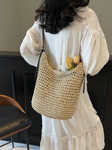 Damen Gewebte Tote Bag Casual PU Leder Riemen Verstellbar Strand Urlaub Hobo Tasche Große Kapazität Cremeweiß Khaki Handtasche