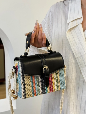 Damen Gewebt Kontrastfarbe PU Leder Umhängetasche Kleine Quadratische Handtasche Bohemian Sommer Strand Schultertasche