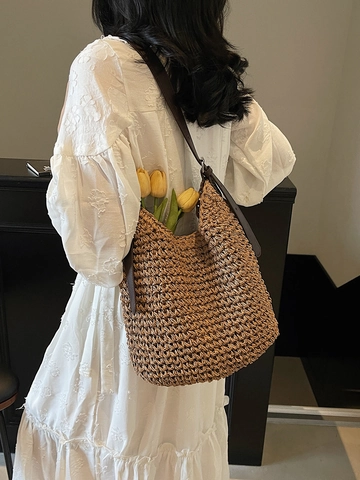 Damen Gewebte Tote Bag Casual PU Leder Riemen Verstellbar Strand Urlaub Hobo Tasche Große Kapazität Cremeweiß Khaki Handtasche
