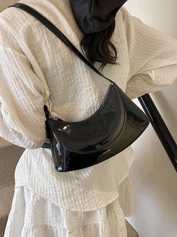 Dames Glanzend Lakleer Onderarmtas Mode Halve Maan Crescent Hobo Schoudertas Verstelbare Riem PU Leren Handtas