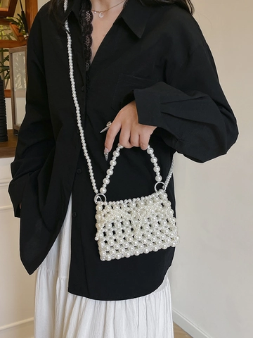 Bolso Bandolera de Perlas Artificiales Tejido a Mano Estilo Francés para Mujer Mini Bolso de Cubo con Cuentas de Lujo