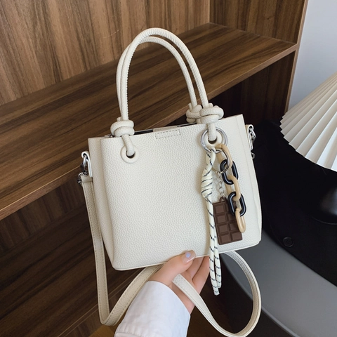 Women Casual PU Leather Bucket Bag Lychee Texture Knotted Handle Chocolate Charm Crossbody Shoulder Handbag Urban Minimalist