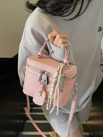 Minimalist PU Leather Women Vanity Box Bag Korean Fashion Lychee Texture Handheld Crossbody Bucket Bag For Daily Dating