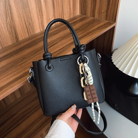 Women Casual PU Leather Bucket Bag Lychee Texture Knotted Handle Chocolate Charm Crossbody Shoulder Handbag Urban Minimalist