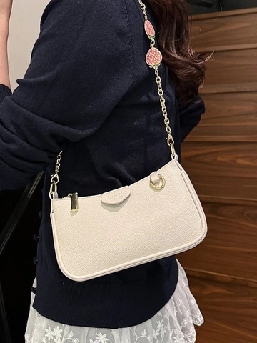 Damen Mode Litschi Muster PU Leder Unterarmtasche Erdbeere Goldkette Umhängetasche Einfach Lässige Schultertasche