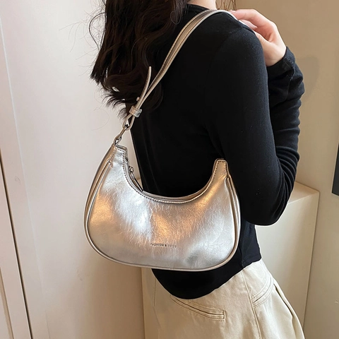 Damen Retro PU Leder Halbmond Schultertasche Metallic Glänzend Minimalistisch Achseltasche Hobo Bag Mit Verstellbarem Gurt Alltag