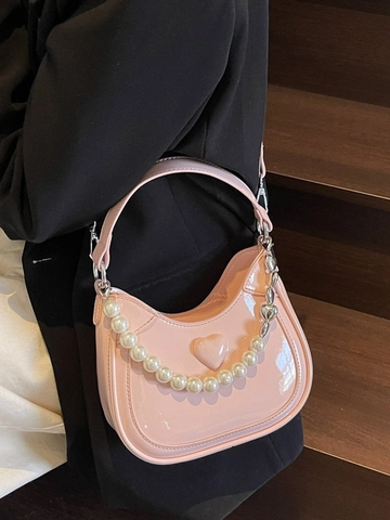 Bolso Hobo de Charol Repujado con Corazón Estilo Coreano para Mujer Cadena de Perlas Artificiales Bolso Bandolera Pequeño