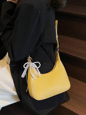 Borsa Hobo da Donna in Pelle PU con Ciondolo Fiocco di Perle e Pizzo Borsa a Tracolla a Mezzaluna Pendolare da Donna