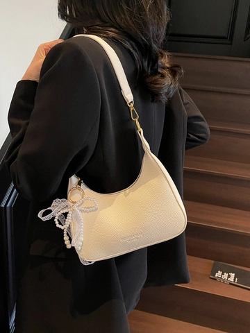 Borsa Hobo da Donna in Pelle PU con Ciondolo Fiocco di Perle e Pizzo Borsa a Tracolla a Mezzaluna Pendolare da Donna