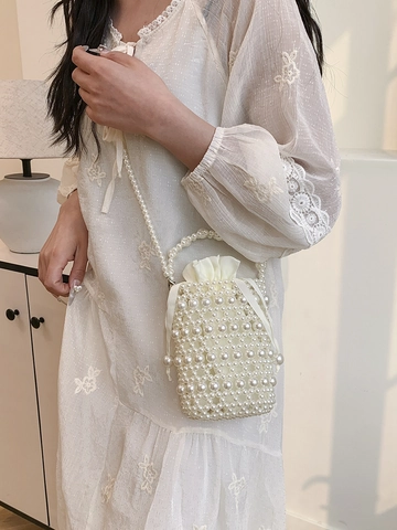 Handgewebte Künstliche Perlen Beuteltasche Für Damen Elegante Perlen Umhängetasche Silber Metallperlen Mini Handtasche Mit Kordelzug