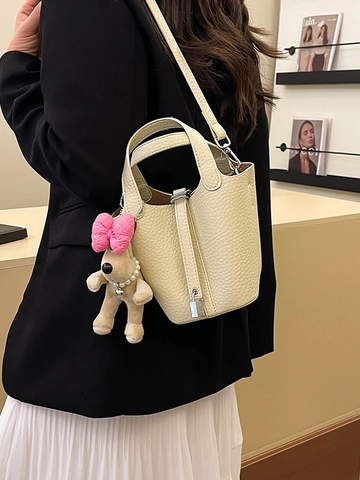 Litchi Pattern PU Leather Bucket Bag With Plush Charm Lock Decor Fashion Shoulder Crossbody Handbag Casual Street Style Women