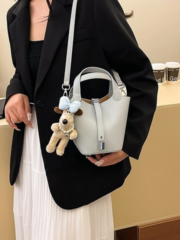 Litchi Pattern PU Leather Bucket Bag With Plush Charm Lock Decor Fashion Shoulder Crossbody Handbag Casual Street Style Women