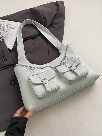Vintage PU Leder Achseltasche Für Damen Multi Pocket Schultertasche Mit Metallkette Herzanhänger Streetwear Y2K Tote Bag