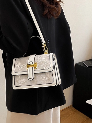 Borsa a Tracolla da Donna Ricamata con Farfalle Vintage Borsa a Spalla in Pelle PU con Fibbia a H Dorata Elegante Tote Quadrata
