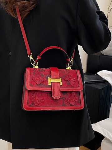 Borsa a Tracolla da Donna Ricamata con Farfalle Vintage Borsa a Spalla in Pelle PU con Fibbia a H Dorata Elegante Tote Quadrata