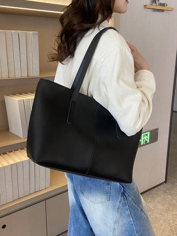 Large Capacity PU Leather Tote Bag For Women Simple Solid Color Versatile Shoulder Handbag Fashion Work Commuter Bag
