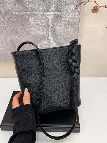 New 2025 Trendy Women PU Leather Bucket Bag Minimalist Lychee Grain Shoulder Bag With Woven Handle Commuting Crossbody Bag