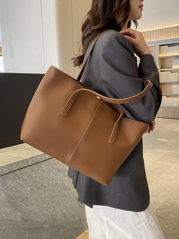 Large Capacity PU Leather Tote Bag For Women Simple Solid Color Versatile Shoulder Handbag Fashion Work Commuter Bag