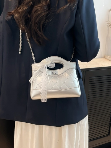 Women Quilted Rhombus PU Leather Crossbody Bag With Lace Bow Decor Chain Strap Clasp Lock Square Handbag Elegant Shoulder Bag