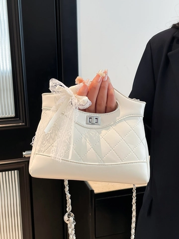 Women Quilted Rhombus PU Leather Crossbody Bag With Lace Bow Decor Chain Strap Clasp Lock Square Handbag Elegant Shoulder Bag