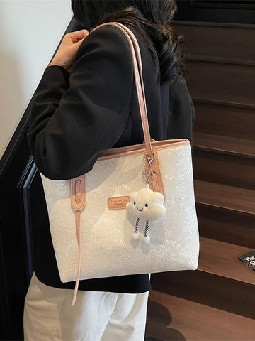 Dames Grote Capaciteit Tote Bag Slangenpatroon PU Leer Schoudertas Met Pluche Wolk Hanger Mode Casual Woon-werkverkeer Tas