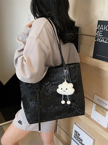 Dames Grote Capaciteit Tote Bag Slangenpatroon PU Leer Schoudertas Met Pluche Wolk Hanger Mode Casual Woon-werkverkeer Tas