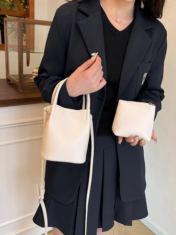 Women Litchi Pattern PU Leather Bucket Bag Set Minimalist Handbag Crossbody Shoulder Bag With Small Pouch For Daily Use