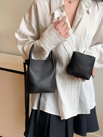Women Litchi Pattern PU Leather Bucket Bag Set Minimalist Handbag Crossbody Shoulder Bag With Small Pouch For Daily Use