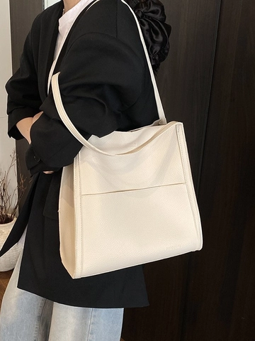 Fashion PU Leather Large Capacity Bucket Tote Bag For Women Simple Solid Color Stitching Casual Daily Commute Shoulder Bag
