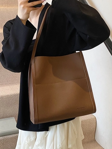Fashion PU Leather Large Capacity Bucket Tote Bag For Women Simple Solid Color Stitching Casual Daily Commute Shoulder Bag