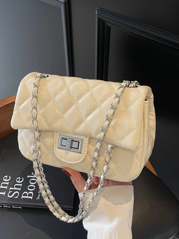 Bolso de Hombro Acolchado de Cuero PU para Mujer Correa de Cadena Bolso Cruzado Cuadrado Retro Cierre de Solapa Moda Color Sólido Elegante
