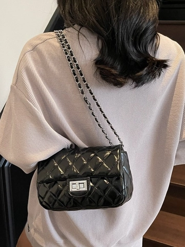 Bolso de Hombro Acolchado de Cuero PU para Mujer Correa de Cadena Bolso Cruzado Cuadrado Retro Cierre de Solapa Moda Color Sólido Elegante