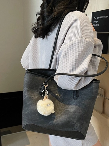 Große Kapazität PU Leder Tragetasche Für Damen Minimalistische Kontrastfarbene Umhängetasche Mit Plüsch Anhänger Handtasche