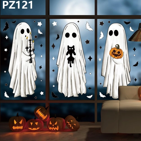 Adesivi per Finestre Halloween Fantasma Zucca Pipistrello Gatto Nero Carta Patinata Decalcomanie per Decorazione Vetro Festa